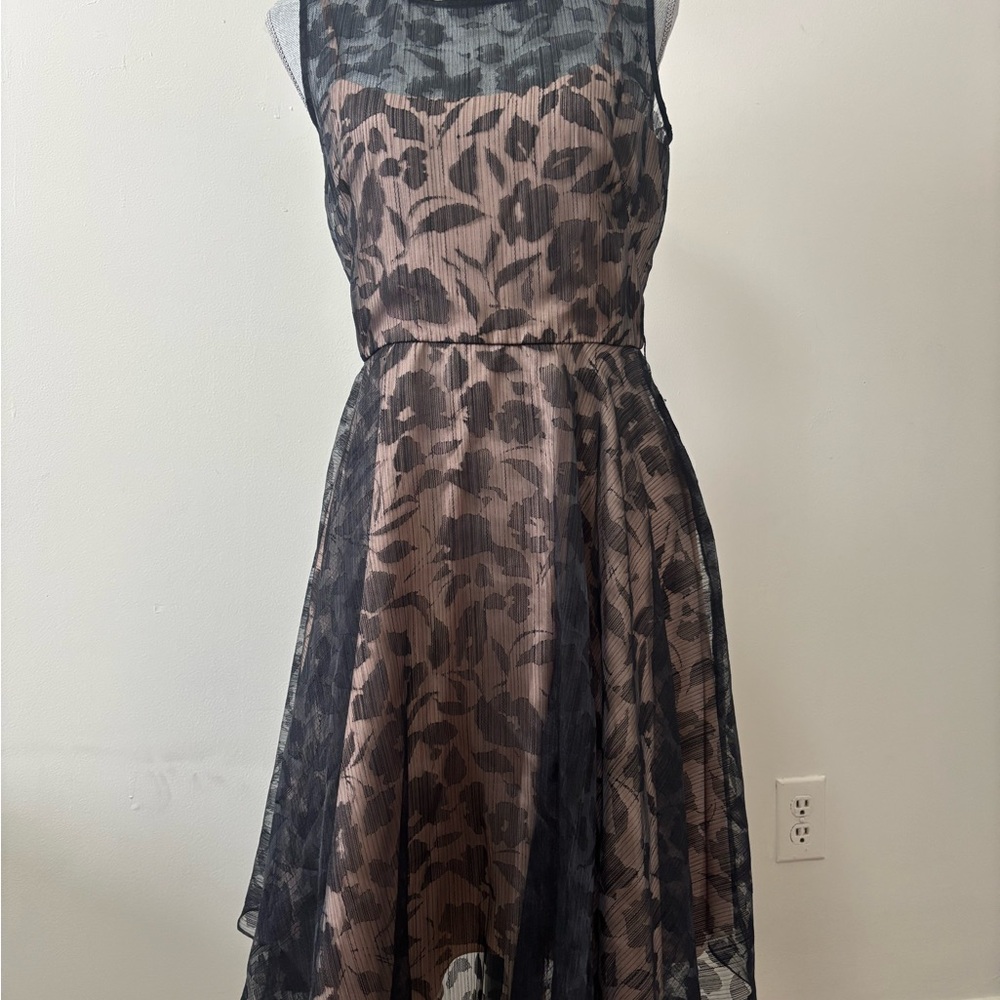 Mikael Aghal Black Floral Lace Sheer Midi Knee Length Cocktail Dress